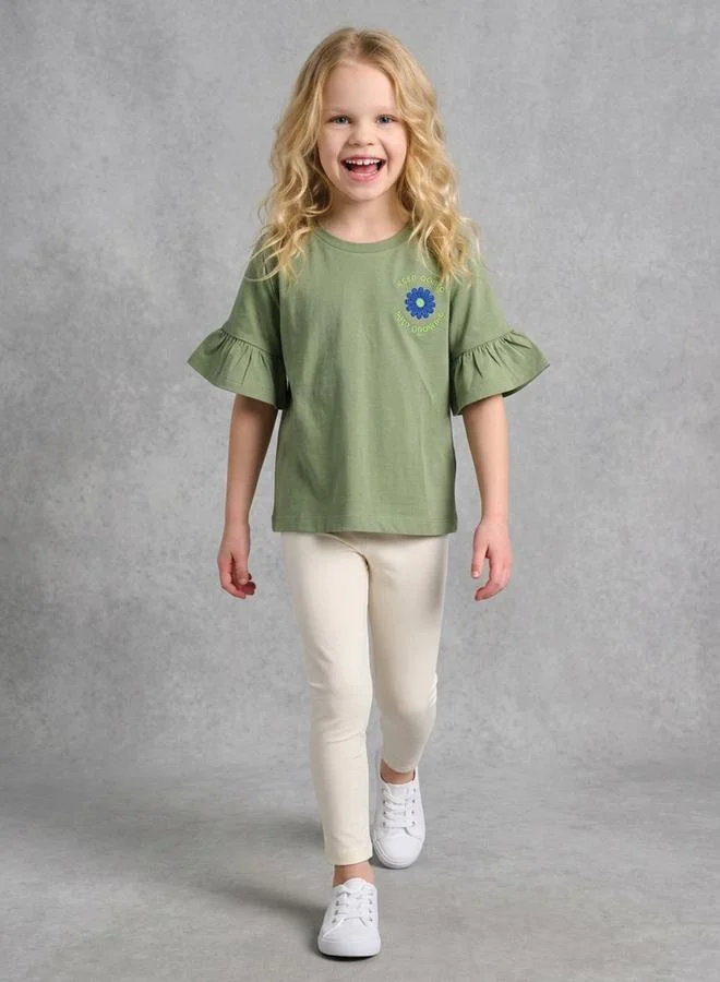 Take Two  Girls Green Embroidered Ruffle Sleeves T-Shirt By Juniorloom for Women | Best Price UAE