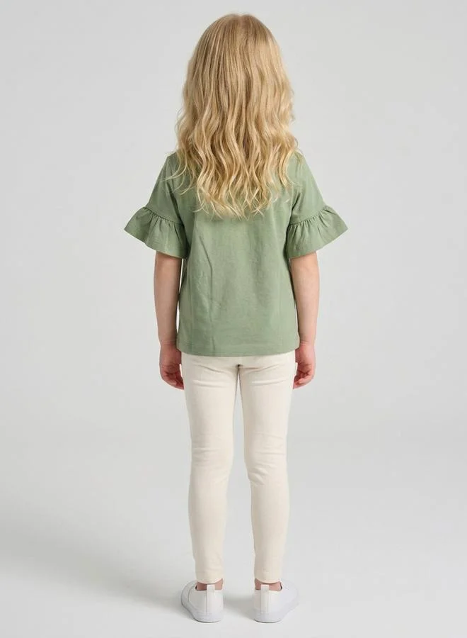 Take Two  Girls Green Embroidered Ruffle Sleeves T-Shirt By Juniorloom for Women | Best Price UAE