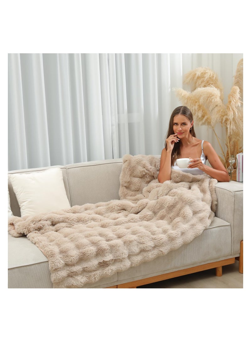 Taupe Luxury Faux Rabbit Fur Throw Blanket for Couch or Sofa, Cozy and Thick Plush Fluffy Blanket, Warm Medium Size 40×59 Inches for Ultimate Comfort and Style.  - Image 4