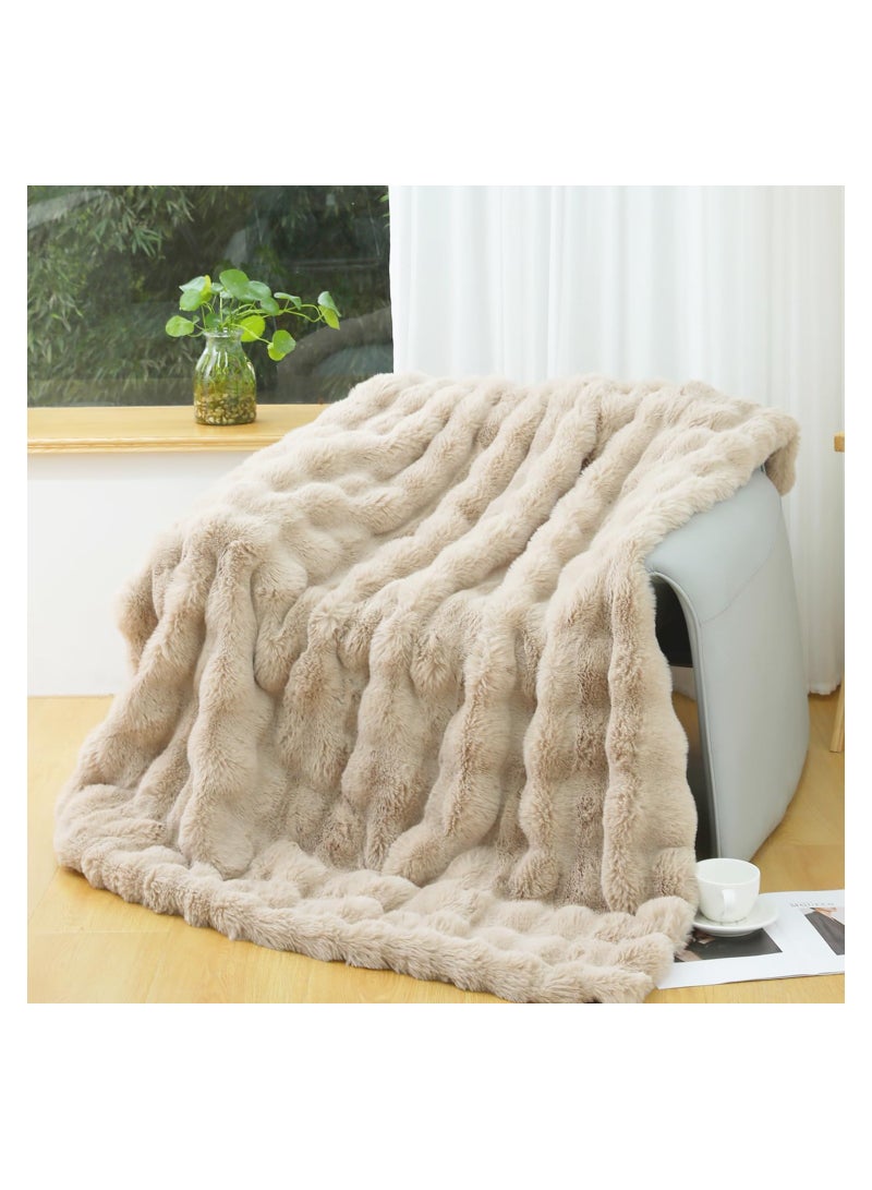 Taupe Luxury Faux Rabbit Fur Throw Blanket for Couch or Sofa, Cozy and Thick Plush Fluffy Blanket, Warm Medium Size 40×59 Inches for Ultimate Comfort and Style.  - Image 1