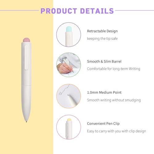 VideMundi Ballpoint Pens, Mini Cute Macaron Retractable Ballpoint Pen Set - 6 Pack | Black Ink Medium Point, Fast Drying, Portable, Comfortable Writing | Office Bible Journaling Pens (White) - Image 2