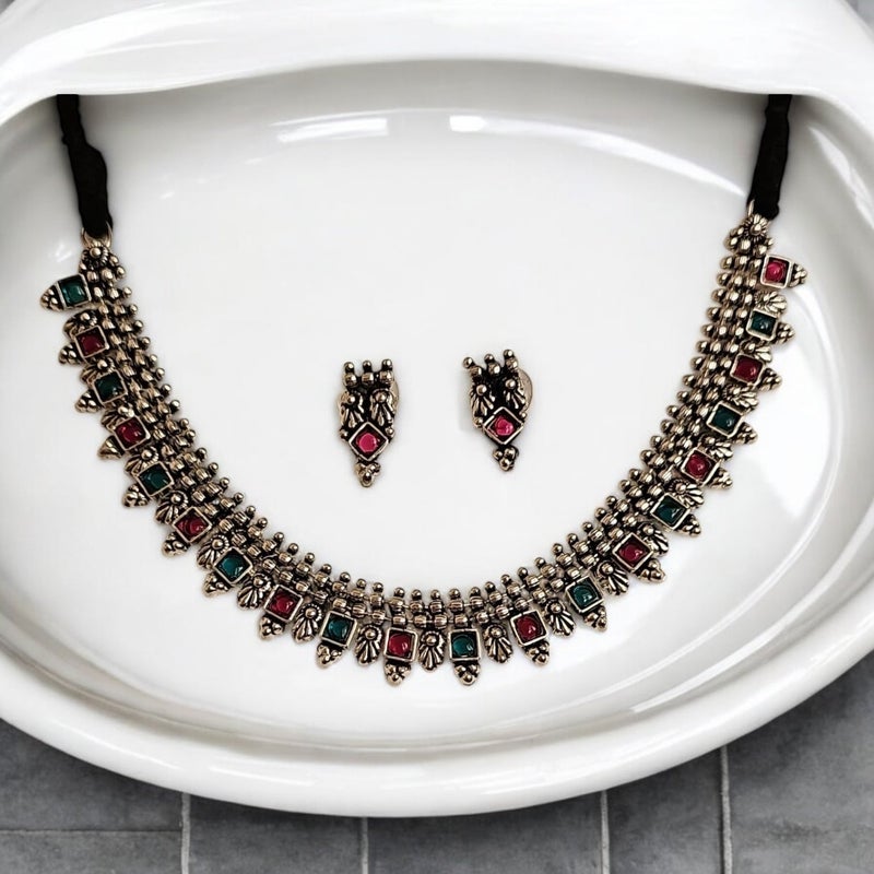 Pretty Precious Traditional Oxidised Silver Necklace Set with Earrings | Bohemian Afghani Style Jewellery for Girls & Women - Image 4
