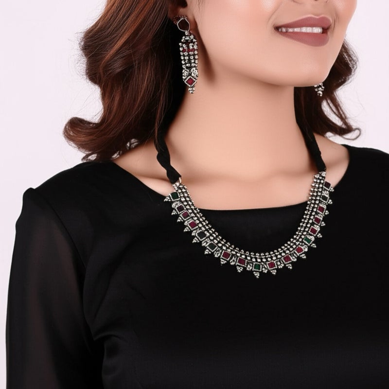Pretty Precious Traditional Oxidised Silver Necklace Set with Earrings | Bohemian Afghani Style Jewellery for Girls & Women - Image 1