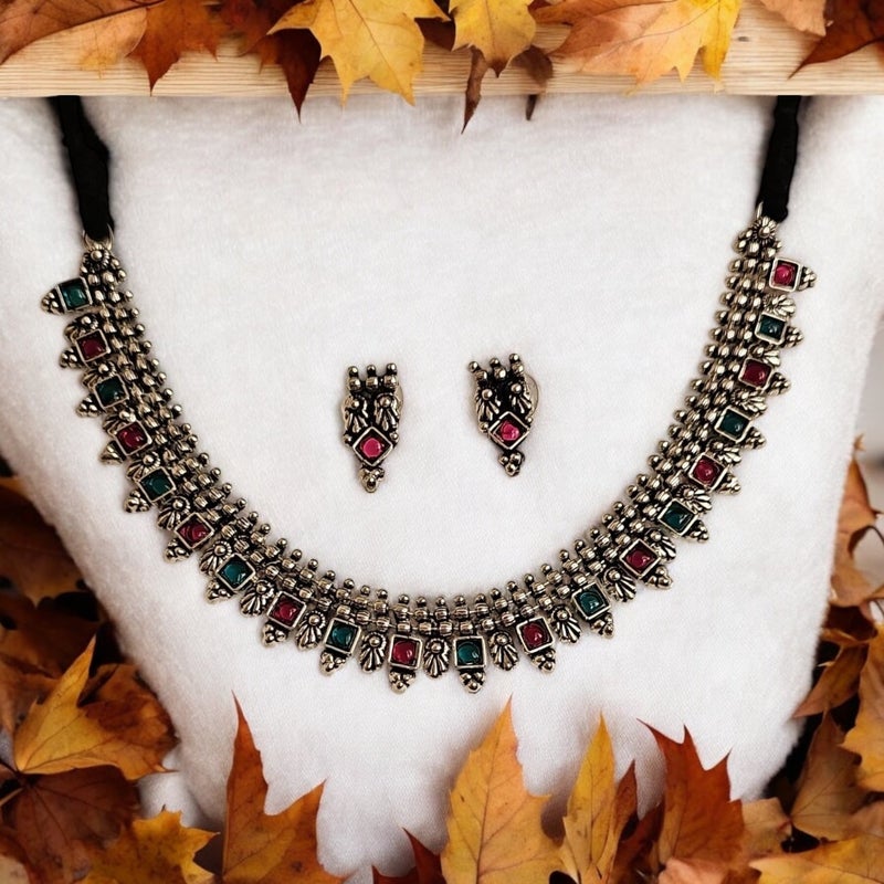 Pretty Precious Traditional Oxidised Silver Necklace Set with Earrings | Bohemian Afghani Style Jewellery for Girls & Women - Image 5