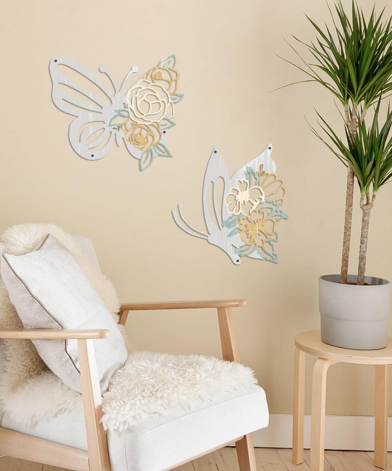 Putuo Decor 2 Pieces Butterfly Metal Wall Decor Floral Iron Wall Sculptures Modern Minimalist Butterfly Flower Wall Art for Living Room Bedroom Hallway Kitchen Bathroom Home Decoration - Image 3