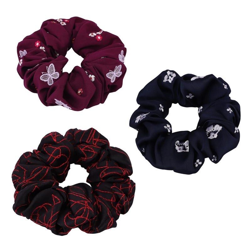MASQ by Q-One Hair Accessories, Butterfly Blush Embroidered, Handmade, Satin Poly Crepe Scrunchies/Hair Bands for Women, Girls with Elastic (Multicolor, Pack of 3) - Image 1