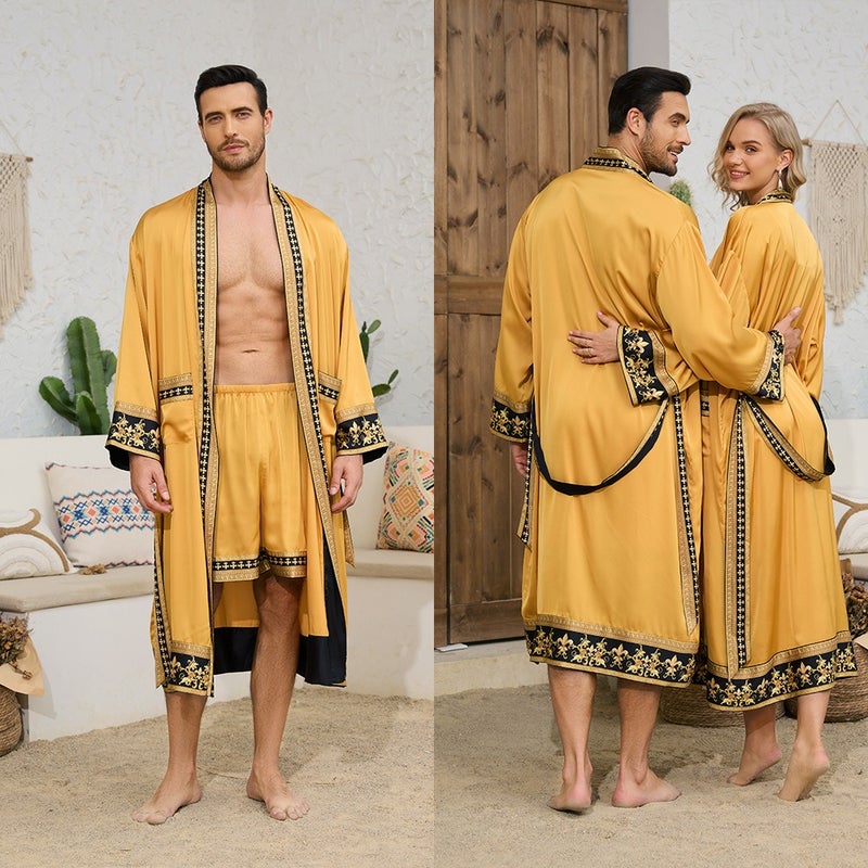 طقم روب طويل وشورت رجالي فاخر من الساتان بتصميم باروكي بياقة V وأكمام طويلة