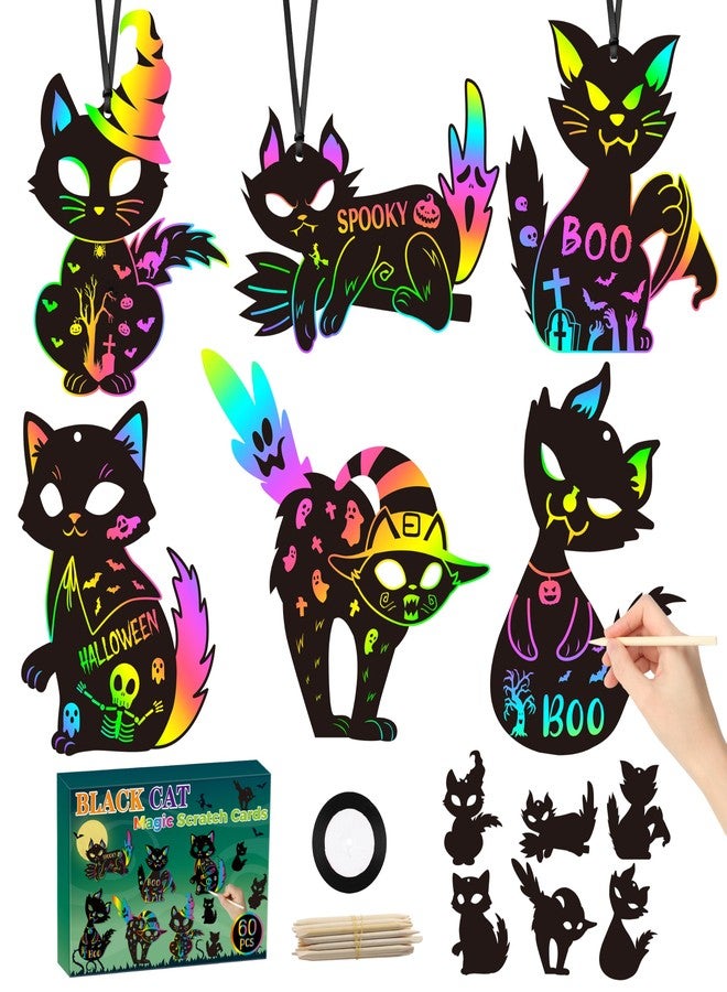 CY2SIDE CY2CSIDE Halloween Black Cat Scratch Cards - 60PCS Halloween Spooky Ornament Scratch Card Gift Set for Kids DIY Black Cat Skull Magic Arty Rainbow Color Bookmark Craft Kit for Kids School Activity - Image 1
