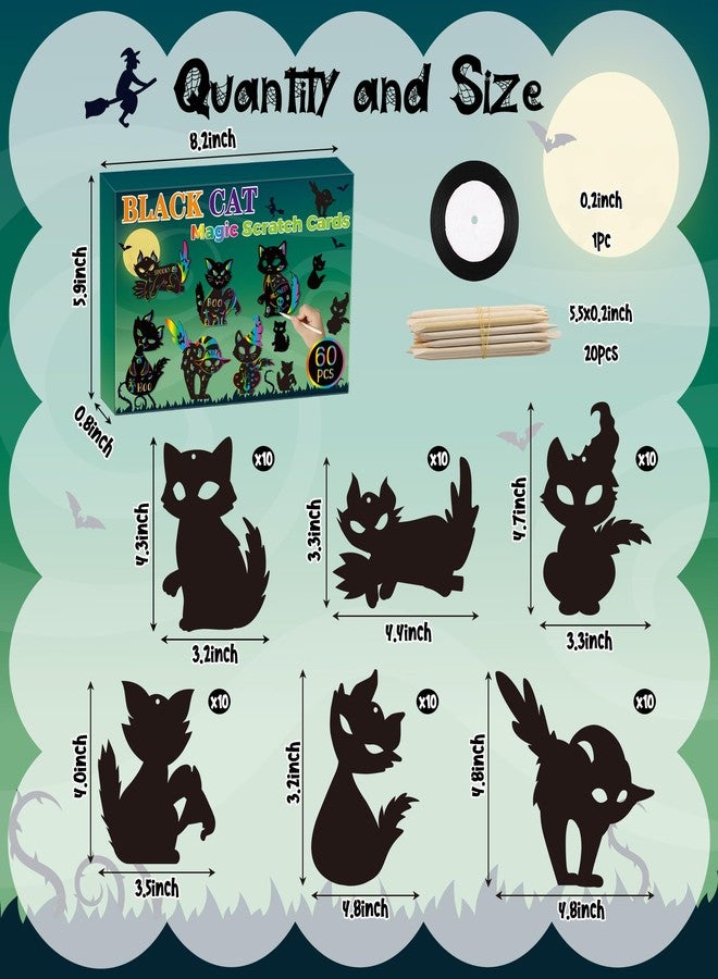 CY2SIDE CY2CSIDE Halloween Black Cat Scratch Cards - 60PCS Halloween Spooky Ornament Scratch Card Gift Set for Kids DIY Black Cat Skull Magic Arty Rainbow Color Bookmark Craft Kit for Kids School Activity - Image 2