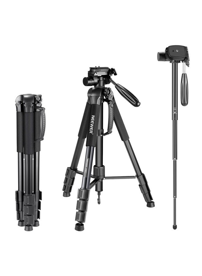 NEEWER Portable Aluminum Alloy Camera 2 in 1 Tripod Monopod Max. 70"/177cm with 3 Way Swivel Pan Head and Carrying Bag for DSLR, DV Video Camcorder (SAB264, Black) - Image 1