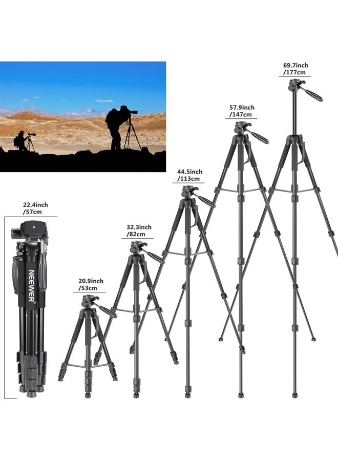 NEEWER Portable Aluminum Alloy Camera 2 in 1 Tripod Monopod Max. 70"/177cm with 3 Way Swivel Pan Head and Carrying Bag for DSLR, DV Video Camcorder (SAB264, Black) - Image 2