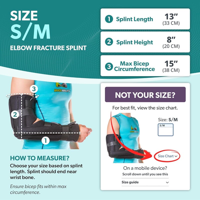 BraceAbility دعامة تثبيت الكوع | جبيرة ذراع طويلة قابلة للإزالة ودعامة لينة للساعد لكسور السطحية، الكتف البعيد، الكوع القريب أو التهاب كيس المرفق (S/M) - Image 2