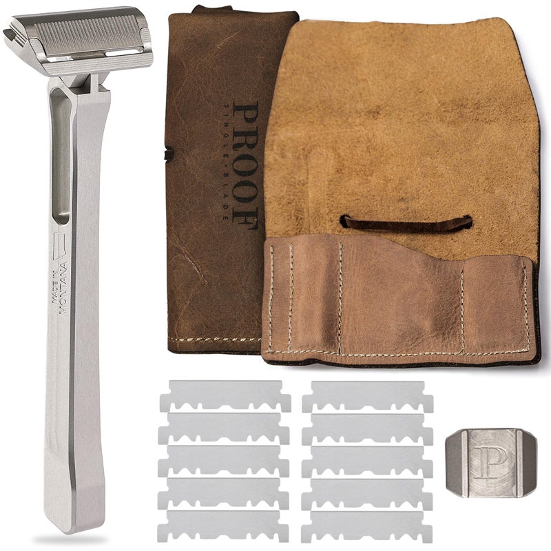 PROOF Select Single Blade Razor for Men with Pivoting Head Made in USA - CNC Machined Aluminum Easy Blade Replacement - Includes Genuine Leather Travel Case, Suction Cup Holder and Safety Razor Blades - Image 1