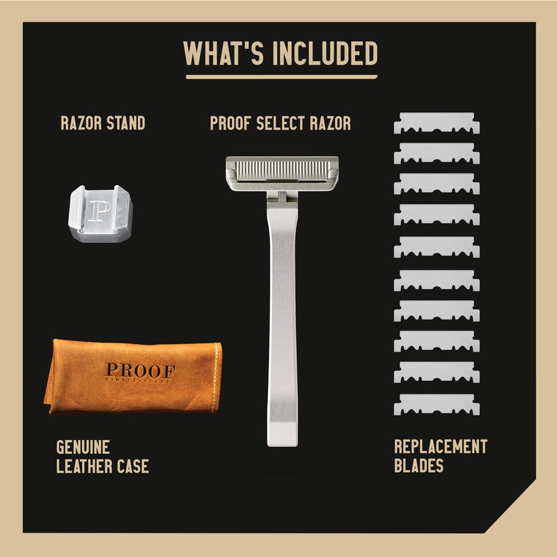 PROOF Select Single Blade Razor for Men with Pivoting Head Made in USA - CNC Machined Aluminum Easy Blade Replacement - Includes Genuine Leather Travel Case, Suction Cup Holder and Safety Razor Blades - Image 4