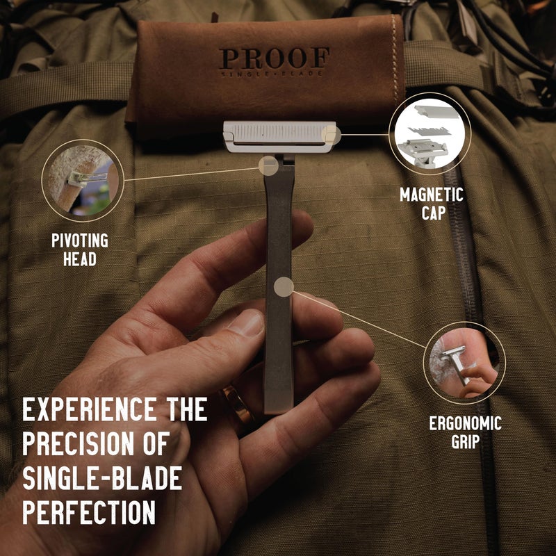 PROOF Select Single Blade Razor for Men with Pivoting Head Made in USA - CNC Machined Aluminum Easy Blade Replacement - Includes Genuine Leather Travel Case, Suction Cup Holder and Safety Razor Blades - Image 3