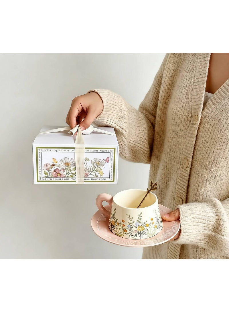 السعي للأفضل مجموعة هدايا كوب قهوة وصحن من السيراميك عتيق الطراز، مجموعة أكواب قهوة كبيرة السعة 300 مل مع صندوق هدايا وصحن وملعقة، تصميم أنيق مزين بزخارف نباتية مرسومة باليد، مثالية لمحبي القهوة والشاي والإسبريسو، أفضل هدية للعائلة والأصدقاء في أي مناسبة - Image 1