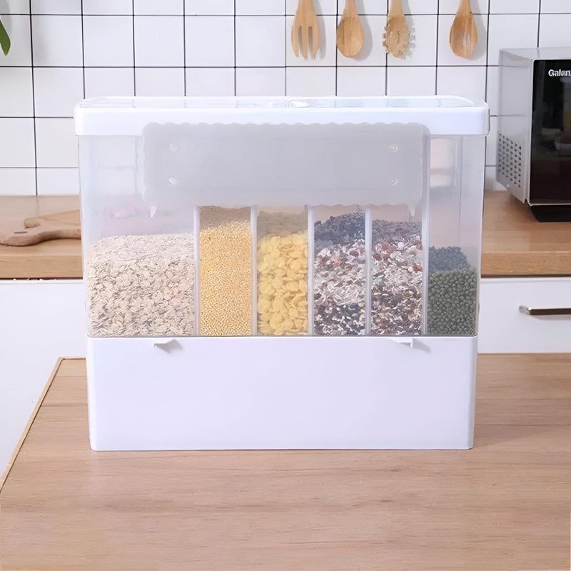 White Cereal Dispenser Wall Unit - 6-section 10-liter food container with integrated measuring tools, perfect for efficient dry food storage and quick daily portioning. - Image 5