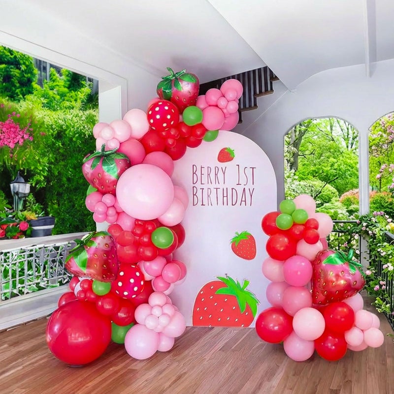 froufing Red and Pink Strawberry balloon garland kit 120pcs with large maylar Strawberry balloon for Berry first Sweet One baby girl fruit theme 1st Birthday Party Decorations - Image 1