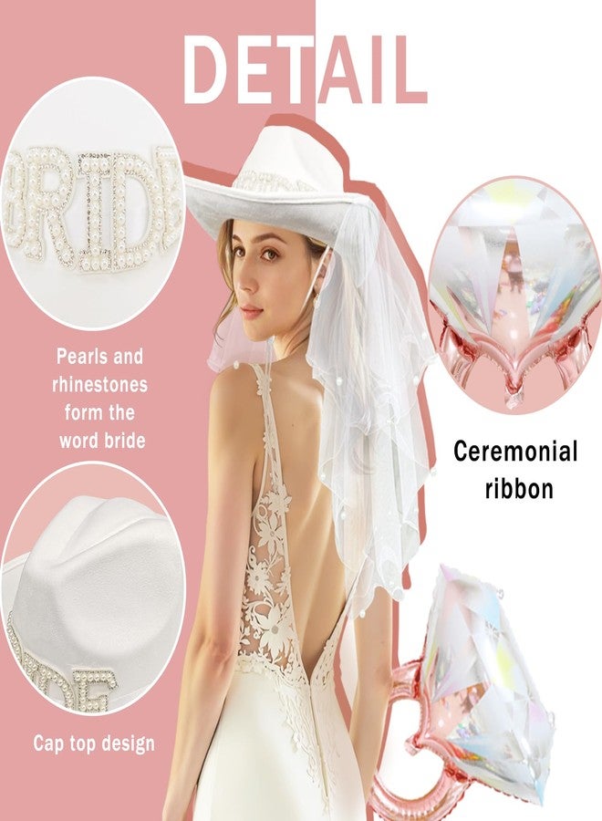 JIANGLAI Bride Cowgirl Hat with Veil and Diamond Ring Balloon, 2 Pieces White Cowboy Hat for Women Bachelorette Party Bride to Be Accessories Country Wedding, Bridal Shower - Image 3