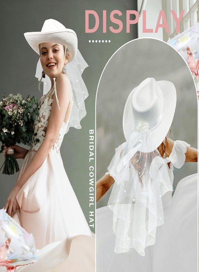 JIANGLAI Bride Cowgirl Hat with Veil and Diamond Ring Balloon, 2 Pieces White Cowboy Hat for Women Bachelorette Party Bride to Be Accessories Country Wedding, Bridal Shower - Image 4