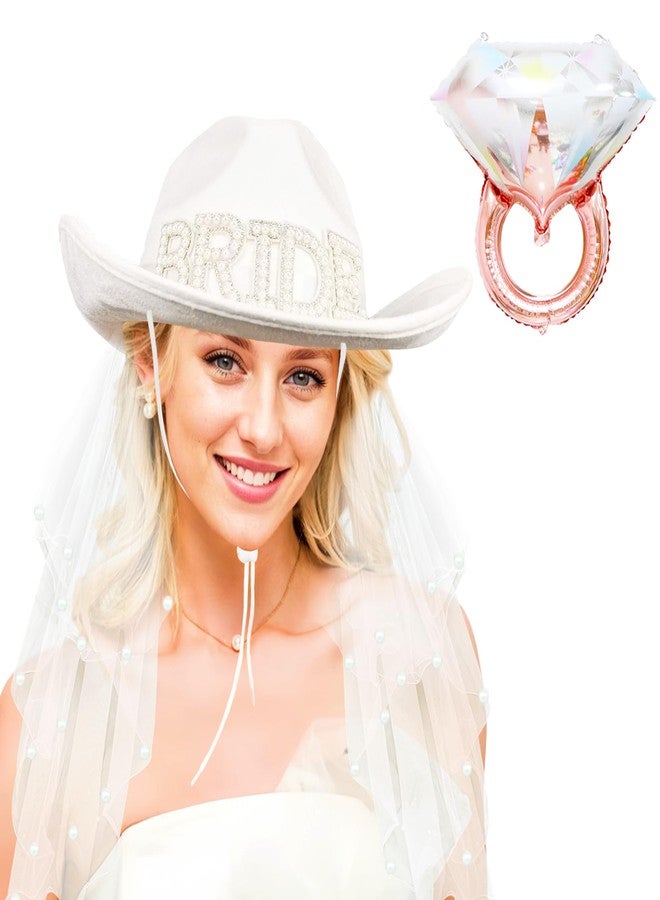 JIANGLAI Bride Cowgirl Hat with Veil and Diamond Ring Balloon, 2 Pieces White Cowboy Hat for Women Bachelorette Party Bride to Be Accessories Country Wedding, Bridal Shower - Image 1