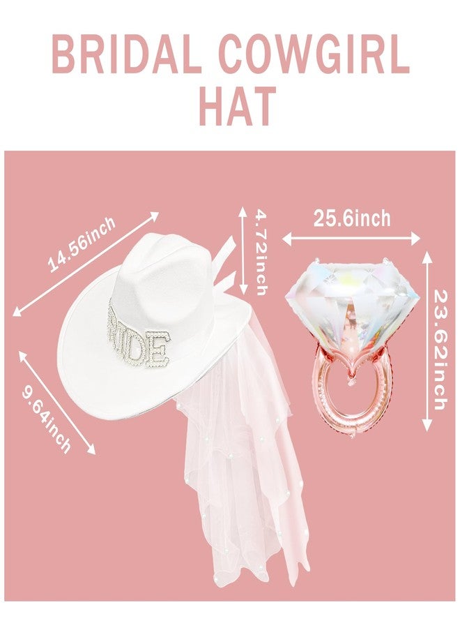 JIANGLAI Bride Cowgirl Hat with Veil and Diamond Ring Balloon, 2 Pieces White Cowboy Hat for Women Bachelorette Party Bride to Be Accessories Country Wedding, Bridal Shower - Image 2