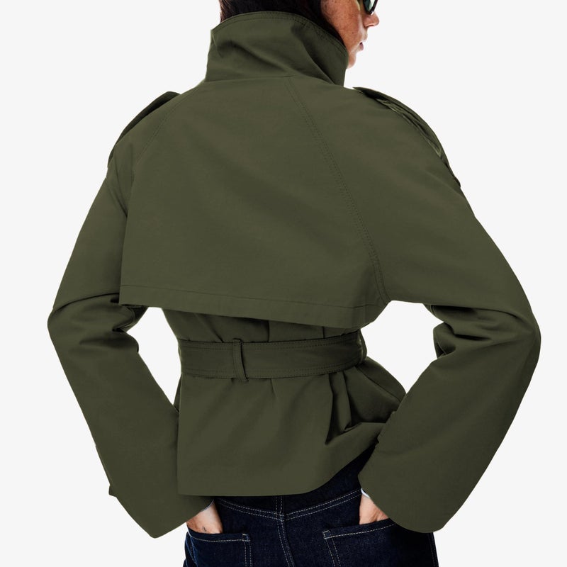 Maohao Women's Cropped Trench Coat Double Breasted Short Jacket High Collar Fall Winter Coats Trendy Outfit with Belt(Dark-Green,M) - Image 4