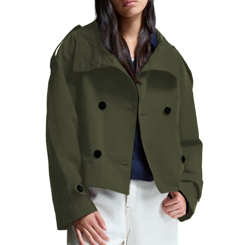 Maohao Women's Cropped Trench Coat Double Breasted Short Jacket High Collar Fall Winter Coats Trendy Outfit with Belt(Dark-Green,M) - Image 2