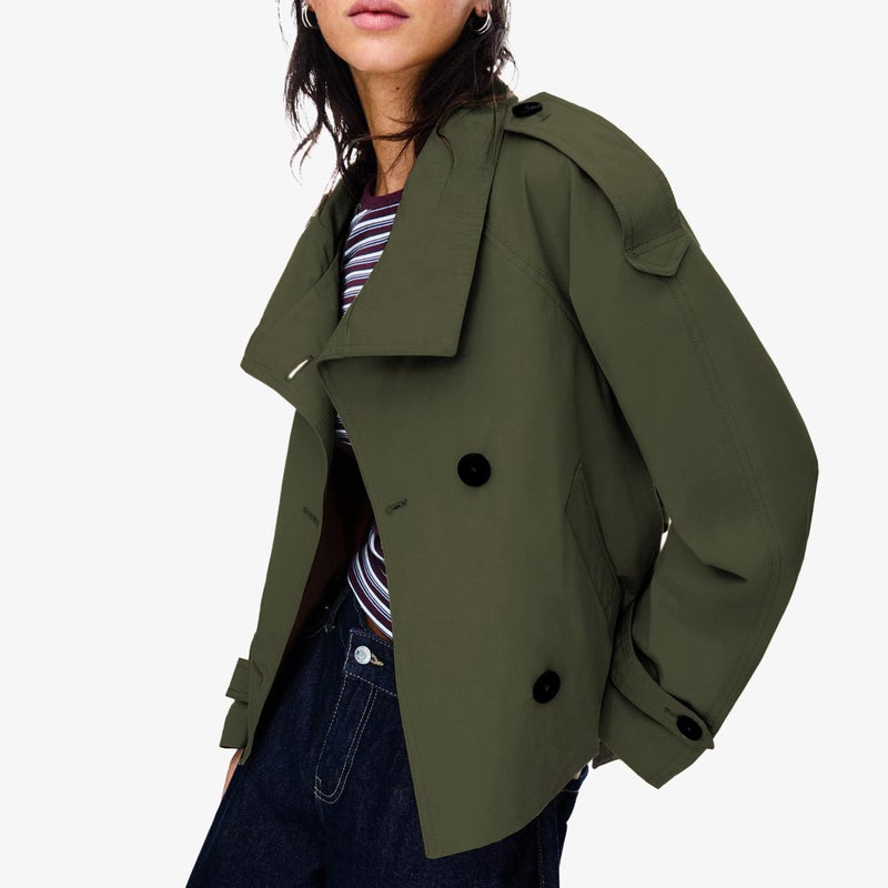 Maohao Women's Cropped Trench Coat Double Breasted Short Jacket High Collar Fall Winter Coats Trendy Outfit with Belt(Dark-Green,M) - Image 3