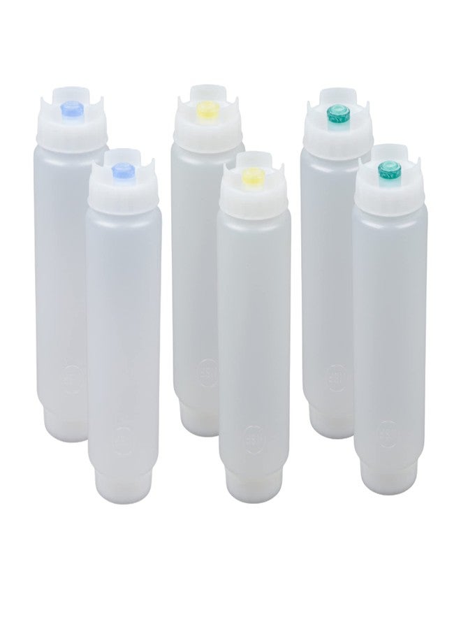 ابتكارات فيفو زجاجة ضغط قابلة لإعادة التعبئة سعة 16 أونصة | موزع بصمام صغير برأسين أخضرين، ورأسين أصفرين، ورأسين أزرقين للصلصات الخفيفة، والتوابل، والعجين، والتتبيلات | ذاتية الإغلاق، لا تسرب، سهلة الاستخدام | عبوة متنوعة (6 زجاجات) - Image 1