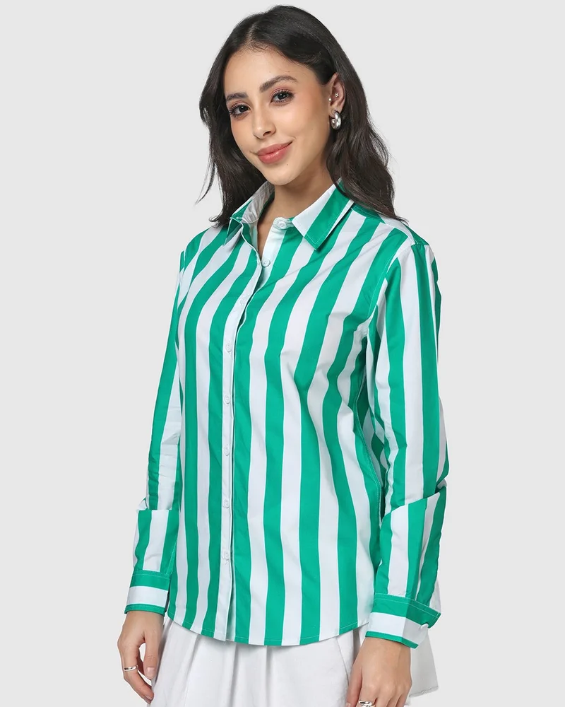 bewakoof Women's Green & White Striped Oversized Shirt