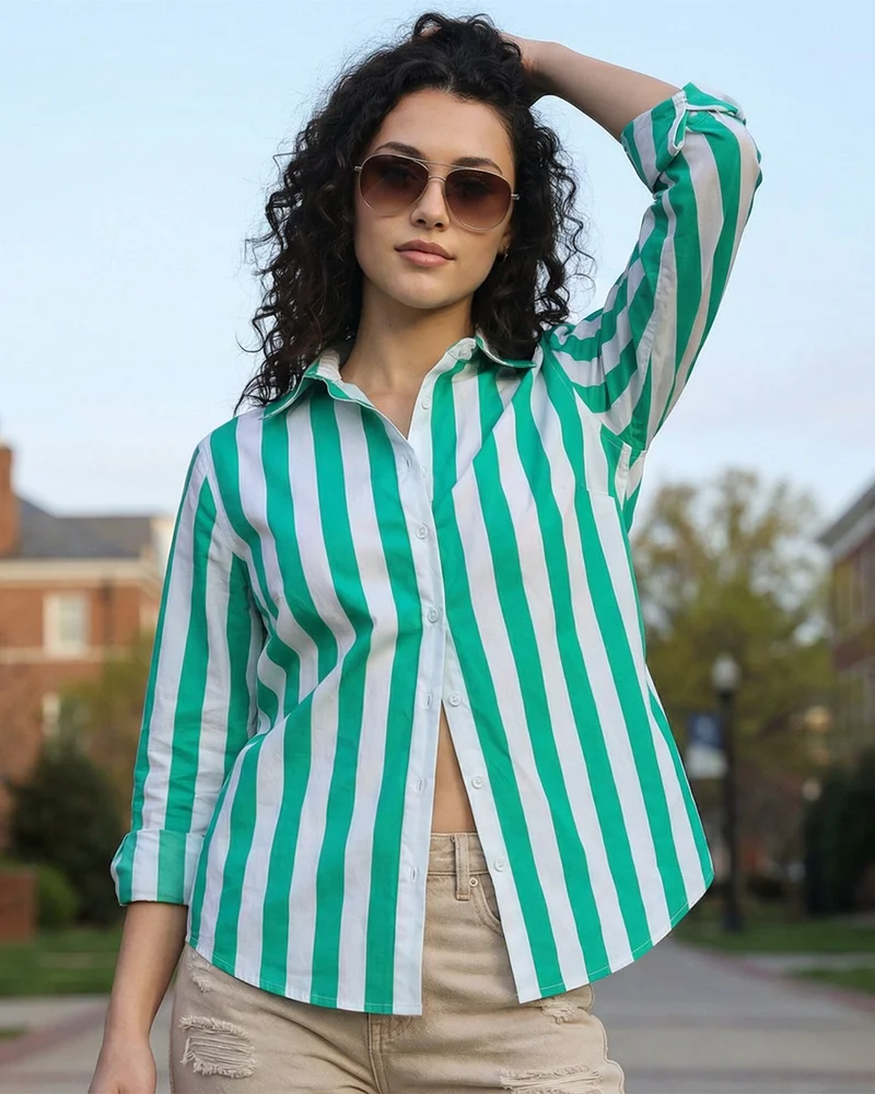 bewakoof Women's Green & White Striped Oversized Shirt
