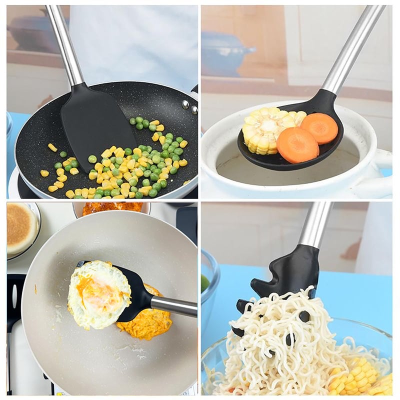 KLAQQED 5Pcs Silicone Spatula Heat Resistant Long Large Spatulas Set for Nonstick Cookware  Rubber Pancake Fish Turner Spatula for Kitchen Use Silicone Spatula Cooking Kitchen Utensils Set Black - Image 3