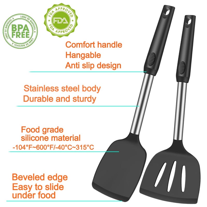 KLAQQED 5Pcs Silicone Spatula Heat Resistant Long Large Spatulas Set for Nonstick Cookware  Rubber Pancake Fish Turner Spatula for Kitchen Use Silicone Spatula Cooking Kitchen Utensils Set Black - Image 2