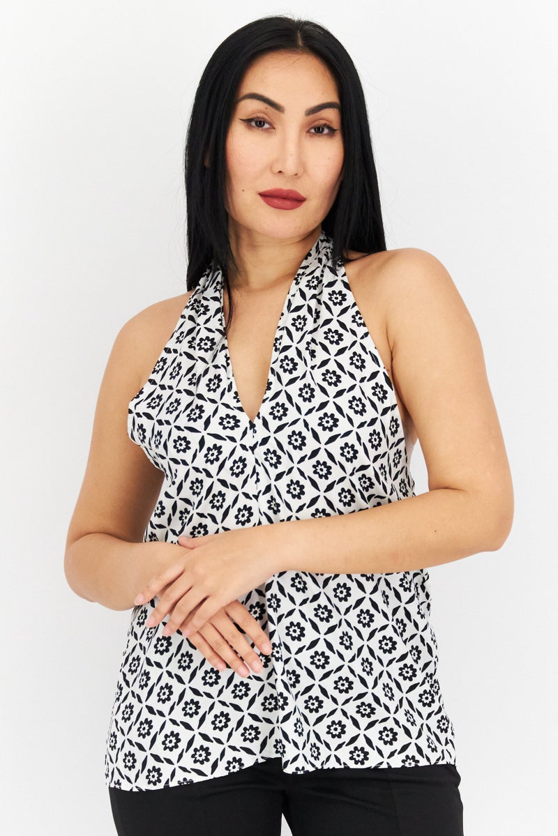 INC Women Halter Neck Sleeveless All Over Print Top, Black - Image 1