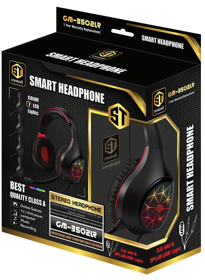 Standard GM-3502LR Standard Gaming Headphones (3.5mm) Surround Sound - Flexible Unbreakable Volume Control Microphone Surround Sound 2-Jack to 1-Jack (gift)- Adapter for ps4 - mobile -Use  RGB lights  - Image 1