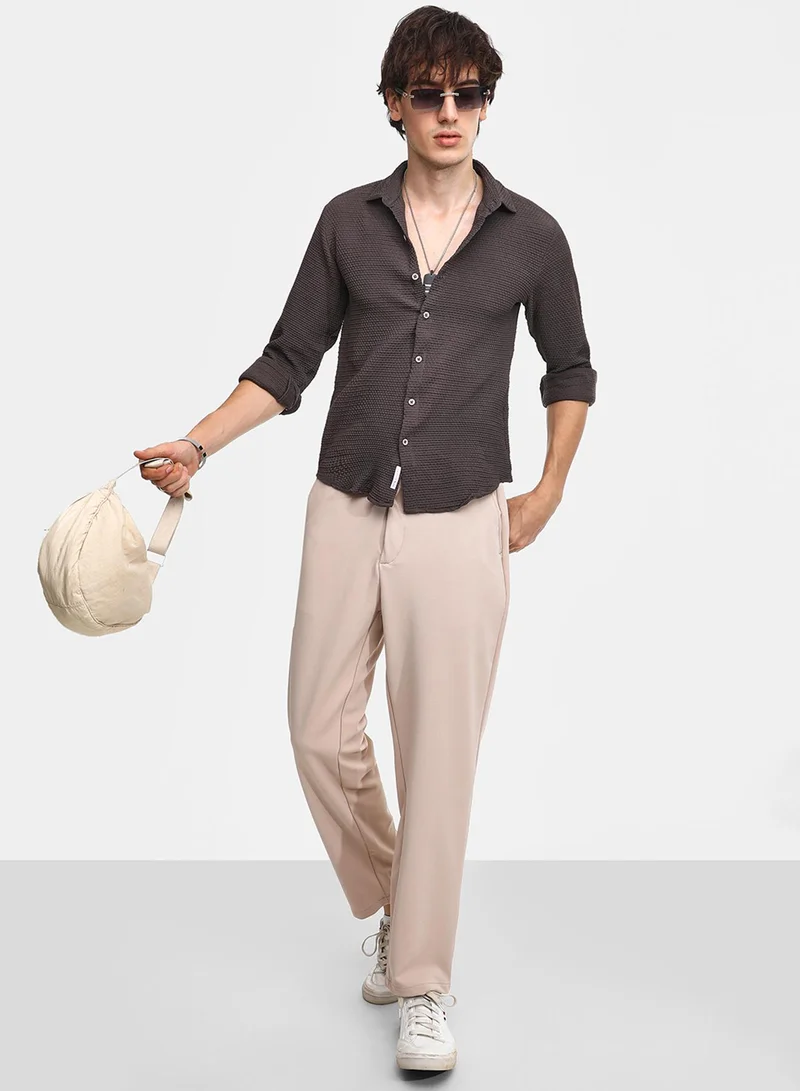 Campus Sutra Men's Charcoal Black Weave-Textured Shirt