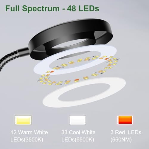Wolezek 2 in 1 Grow Lights for Indoor Plants, 3 Colors Plant Lights for Indoor Growing with 360° Gooseneck, 48 LEDs Full Spectrum Plant Grow Lights Indoor, 6/12/16H Timer, 5 Brightness, Black 1 Pack - Image 4