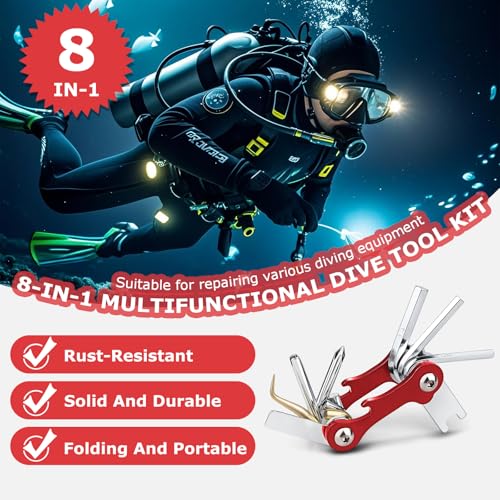 OVOVFANY Scuba Tools Kit, 8-in-1 Folding Stainless Steel Diving Multi-Tool Repairing Set for Diver Repair & Maintenance Gears or Accessory (Red) - Image 2