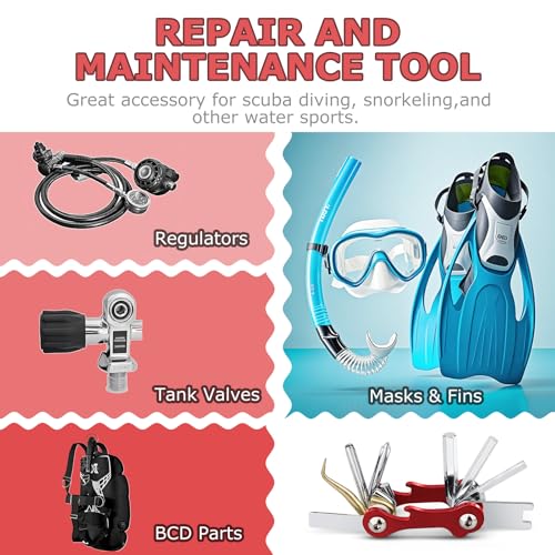 OVOVFANY Scuba Tools Kit, 8-in-1 Folding Stainless Steel Diving Multi-Tool Repairing Set for Diver Repair & Maintenance Gears or Accessory (Red) - Image 4