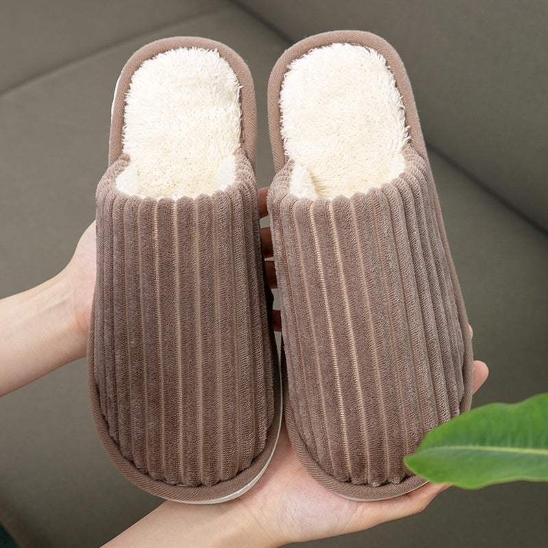 Plush Cotton Slippers Warm Non-slip Indoor Couples Home Vertical Bar coffee 