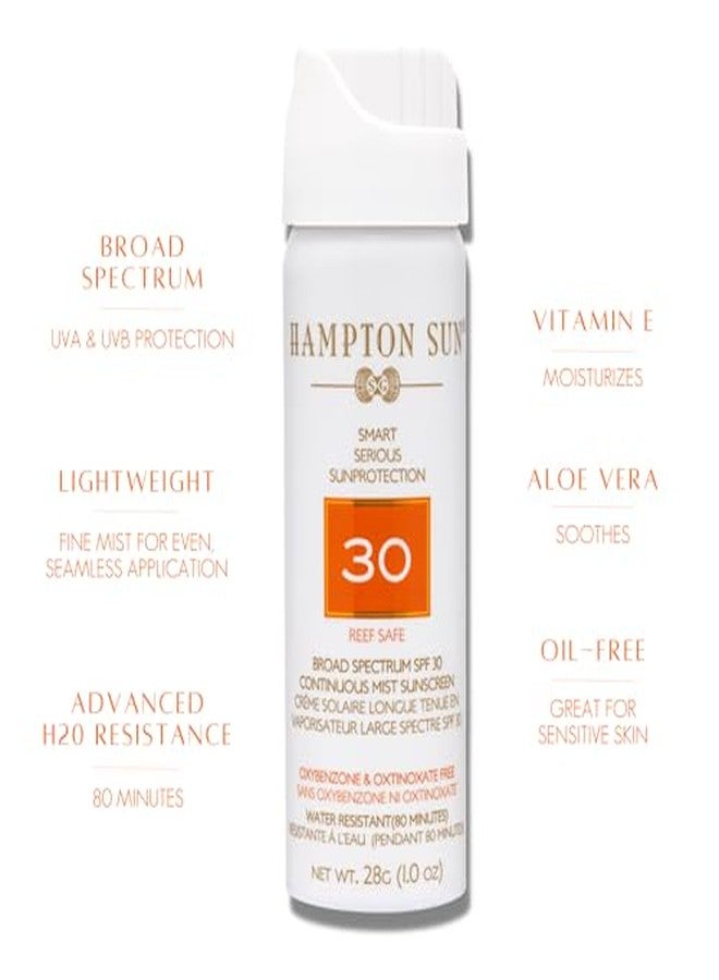 Hampton Sun SPF 30 Continuous Mist Sunscreen - 1.0 oz. Travel Size, Broad Spectrum + Advanced Water/Sweat Resistance, Vitamin E + Aloe Vera, Glowy, Hydrated Finish, Oil-Free, All Skin Types - Image 2