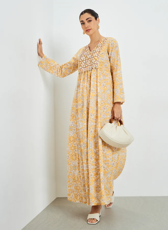 Amirah Yellow Floral Printed Embroidered A-Line Jalabiya