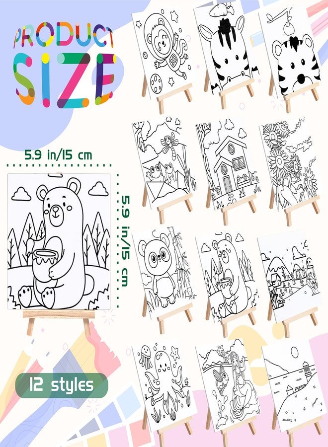 SytuHete 48PCS 12 Sets Printed Canvas Paint Art 12 Pcs Wooden Easel Set Paint Pots and Brushes and 12 Pre Drawn Canvas Panel 12 Pcs Mini Apron and Tote Bag for Kids(Cute) - Image 2