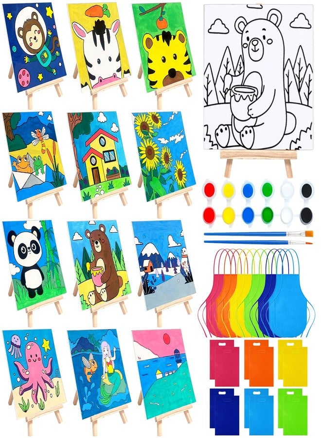 SytuHete 48PCS 12 Sets Printed Canvas Paint Art 12 Pcs Wooden Easel Set Paint Pots and Brushes and 12 Pre Drawn Canvas Panel 12 Pcs Mini Apron and Tote Bag for Kids(Cute) - Image 1