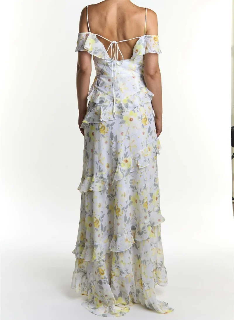 True Decadence Grey-Soft-Floral Drew cold shoulder ruffle dress