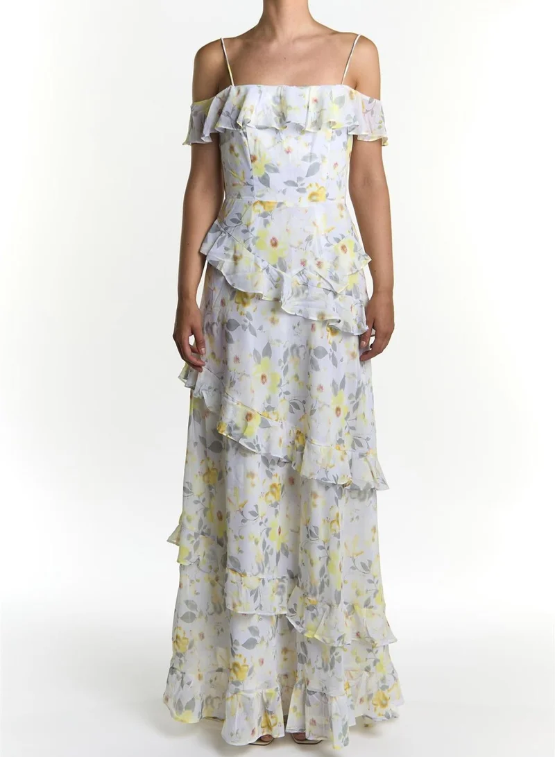 True Decadence Grey-Soft-Floral Drew cold shoulder ruffle dress