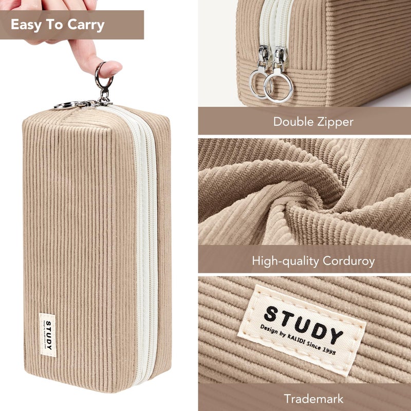 KALIDI FANCY FOREST KALIDI Large Pencil Case Corduroy Pencil Pouch Box Cute School Supplies for Teen Girls Boys, Dark Khaki - Image 4