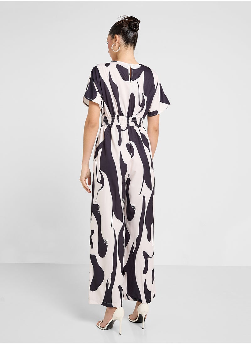 Ginger - Monochrome Plunge Neck Wide Leg Playsuit - Image 1