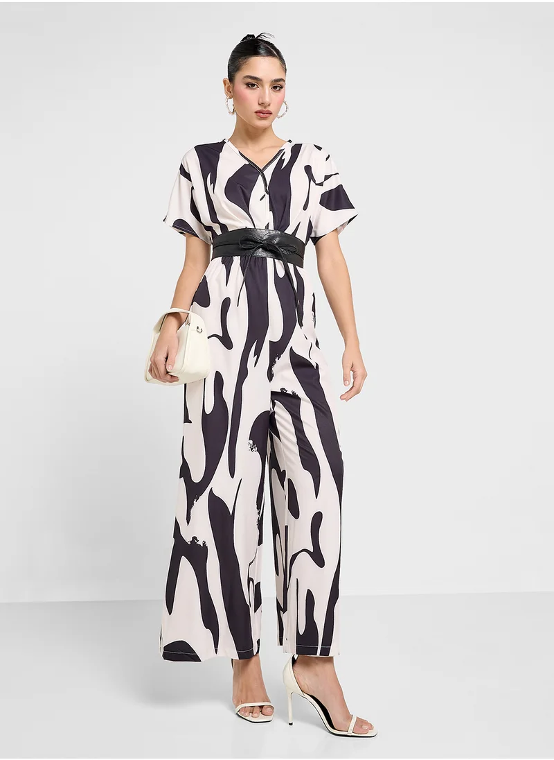 Ginger Monochrome Plunge Neck Wide Leg Playsuit